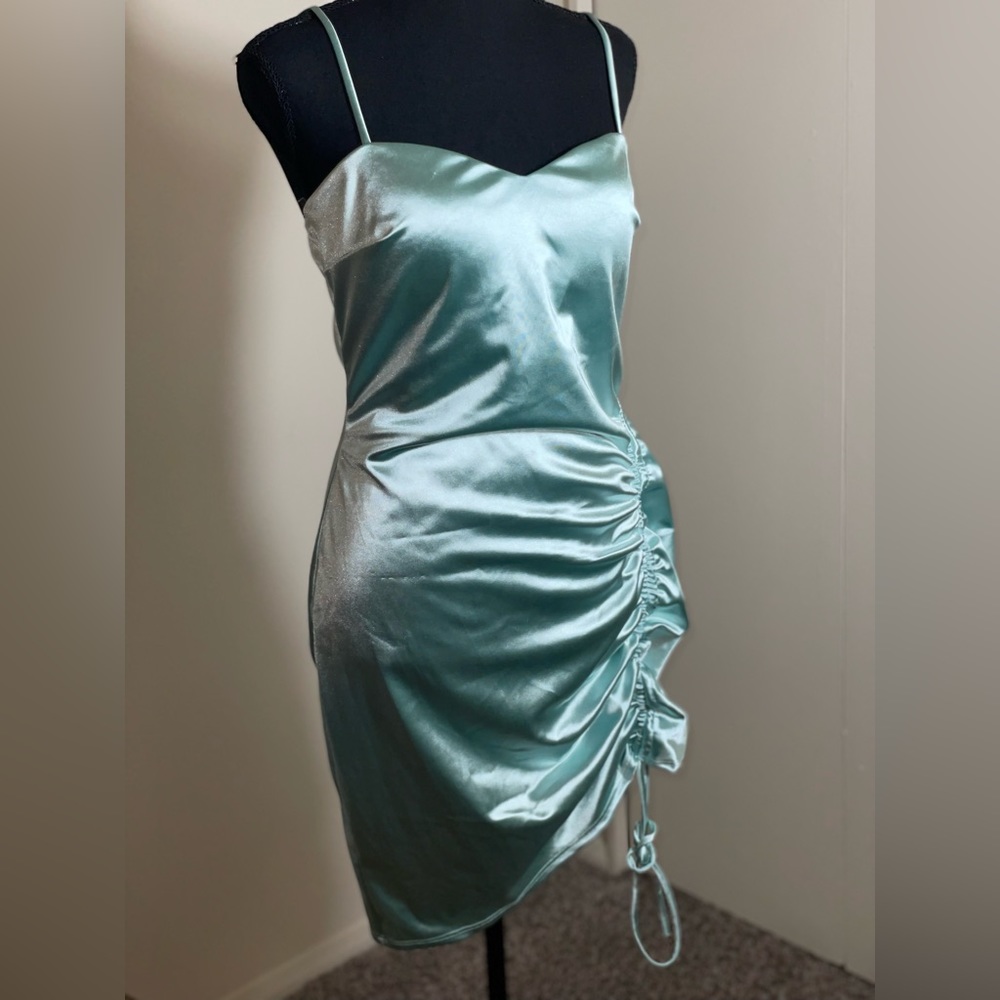 Asymmetrical Ruched Spaghetti Strap Teal Dress.